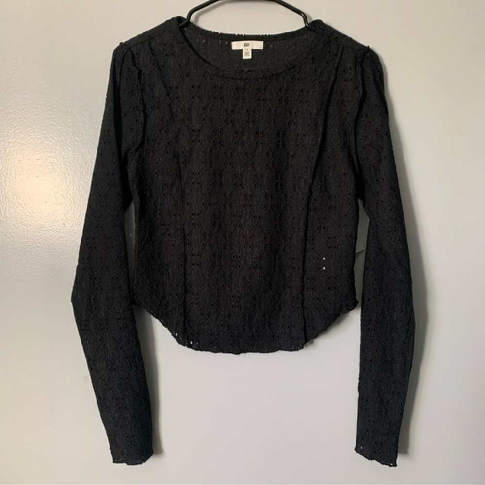 BP Nordstrom NWT Pointelle Lace Long Sleeve Black Top Size Medium